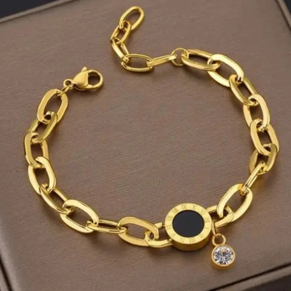 Gold link bracelet with clock and rhinestone charms w/ matching earrings - new!! - Picture 1 of 3